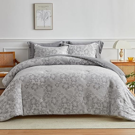 Queen Comforter Set, White Blue Floral Bedding Comforter Sets