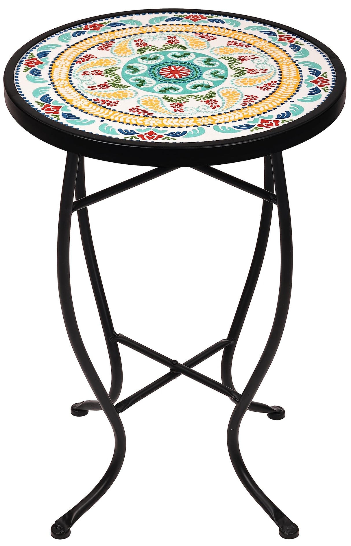 Elevon 14 Inch Round Side Ceramic Tile Top Indoor and Outdoor Accent Table, Pineapple - Bircata
