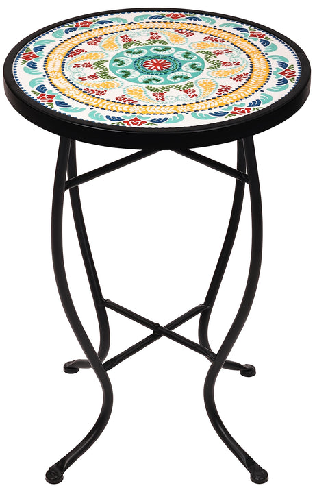 Elevon 14 Inch Round Side Ceramic Tile Top Indoor and Outdoor Accent Table, Pineapple - Bircata
