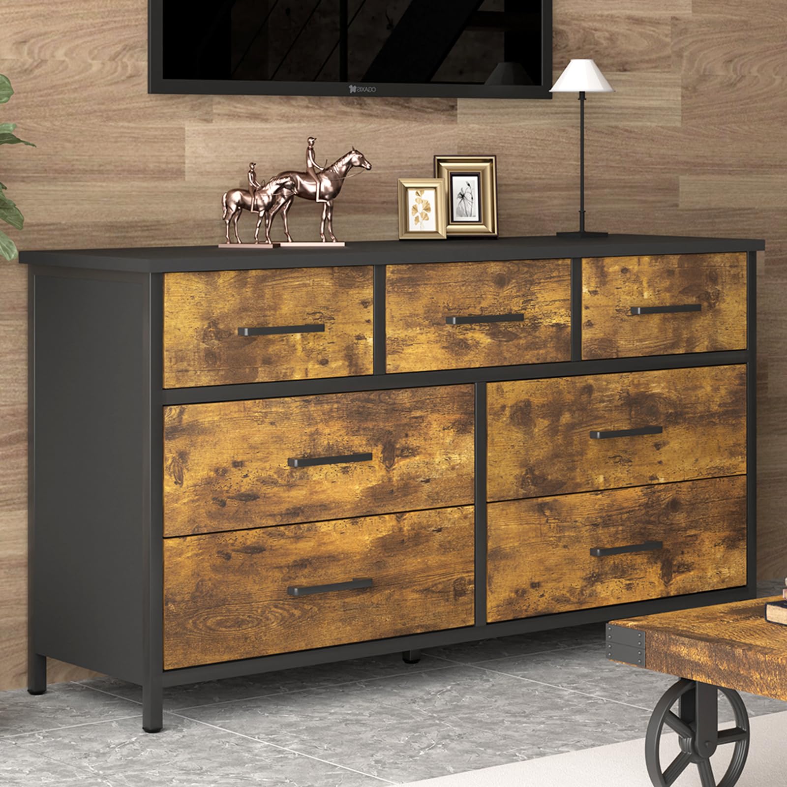 7 Drawer Wood Dresser, Industrial Wood Storage Dresser Clothes Organizer