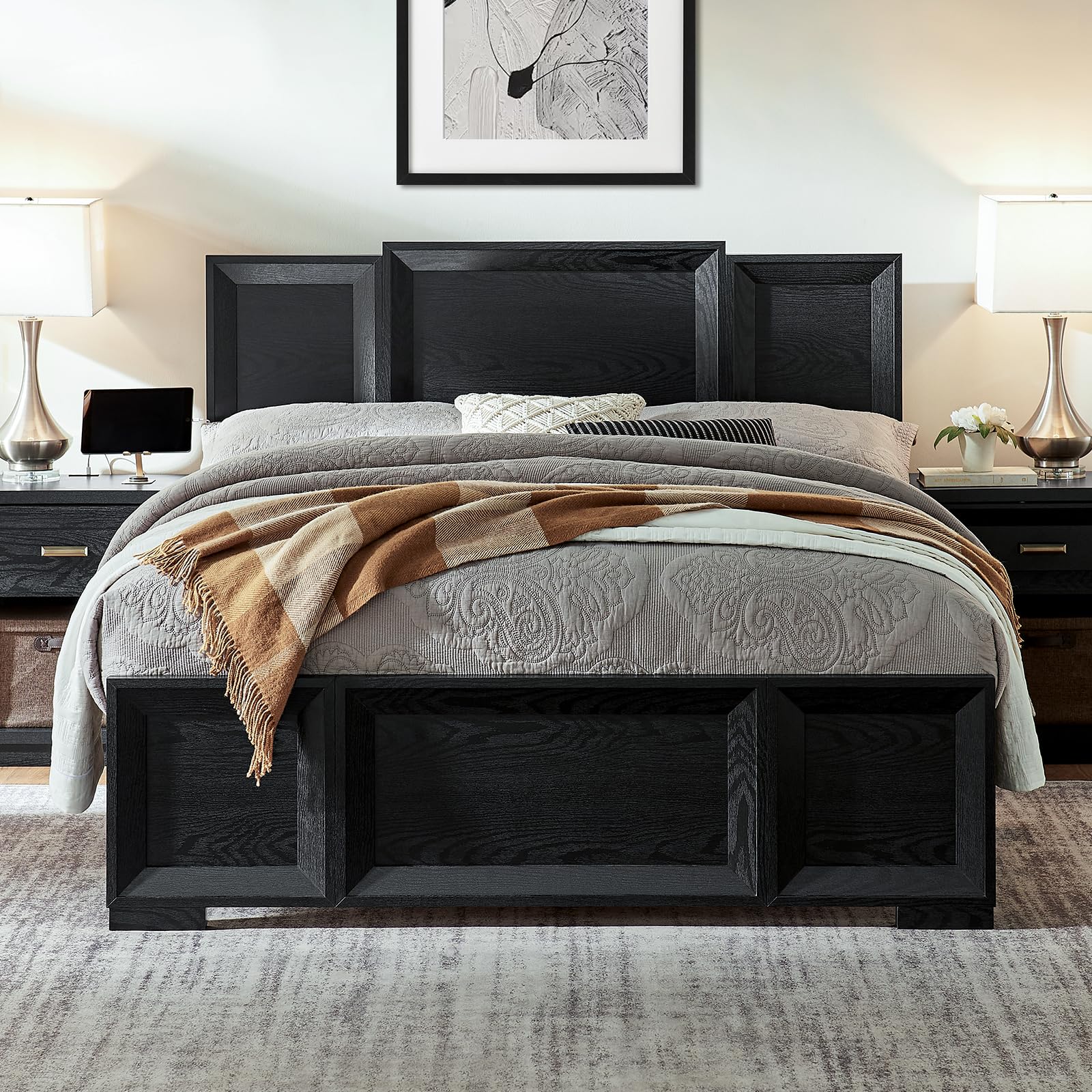 Queen Bed Frame with Wood Headboard and Footboard - Black