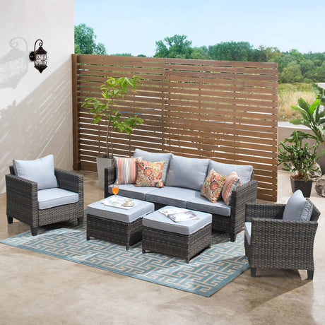 Outdoor Wicker Rattan Sofa Couch with Chairs and Ottomans