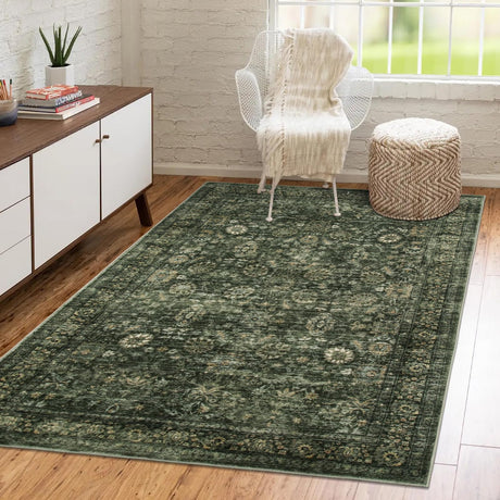 Morebes Vintage Throw Rugs, Boho 3x5 Washable Rug Non Slip,Soft Area Rug for Bedroom,Distressed Non-Shedding Floral Rug for Entryway Kitchen Foyer Bedside Playroom,Dark Green