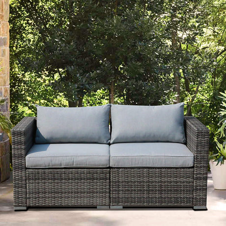 Outdoor Wicker Loveseat 2 Pieces, All Weather Grey PE Rattan Sectional Corner Sofa Set