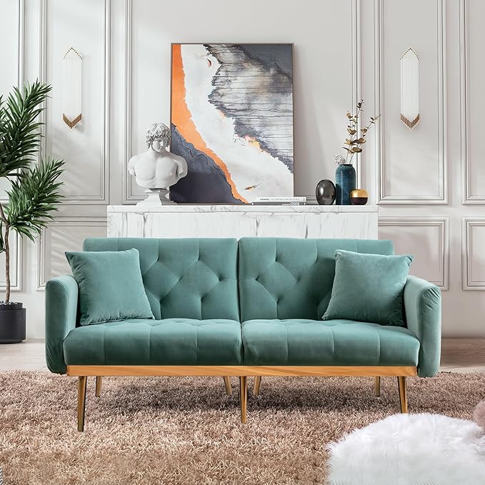Convertible Velvet Futon Sofa Bed, Upholstered Loveseat Sleeper Couch with 3 Reclining Angles and 2 Pillows