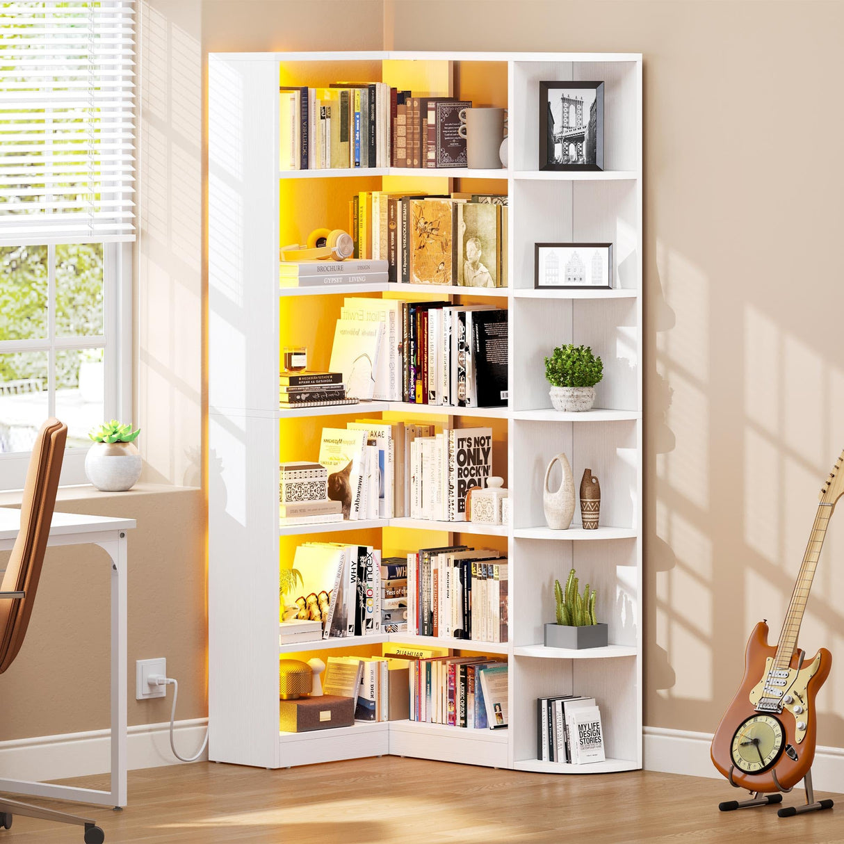 6 Tier Corner Bookshelf with LED Light, White Bookshelf L-Shaped Bookcase Storage