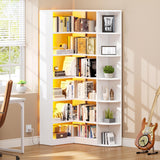 6 Tier Corner Bookshelf with LED Light, White Bookshelf L-Shaped Bookcase Storage