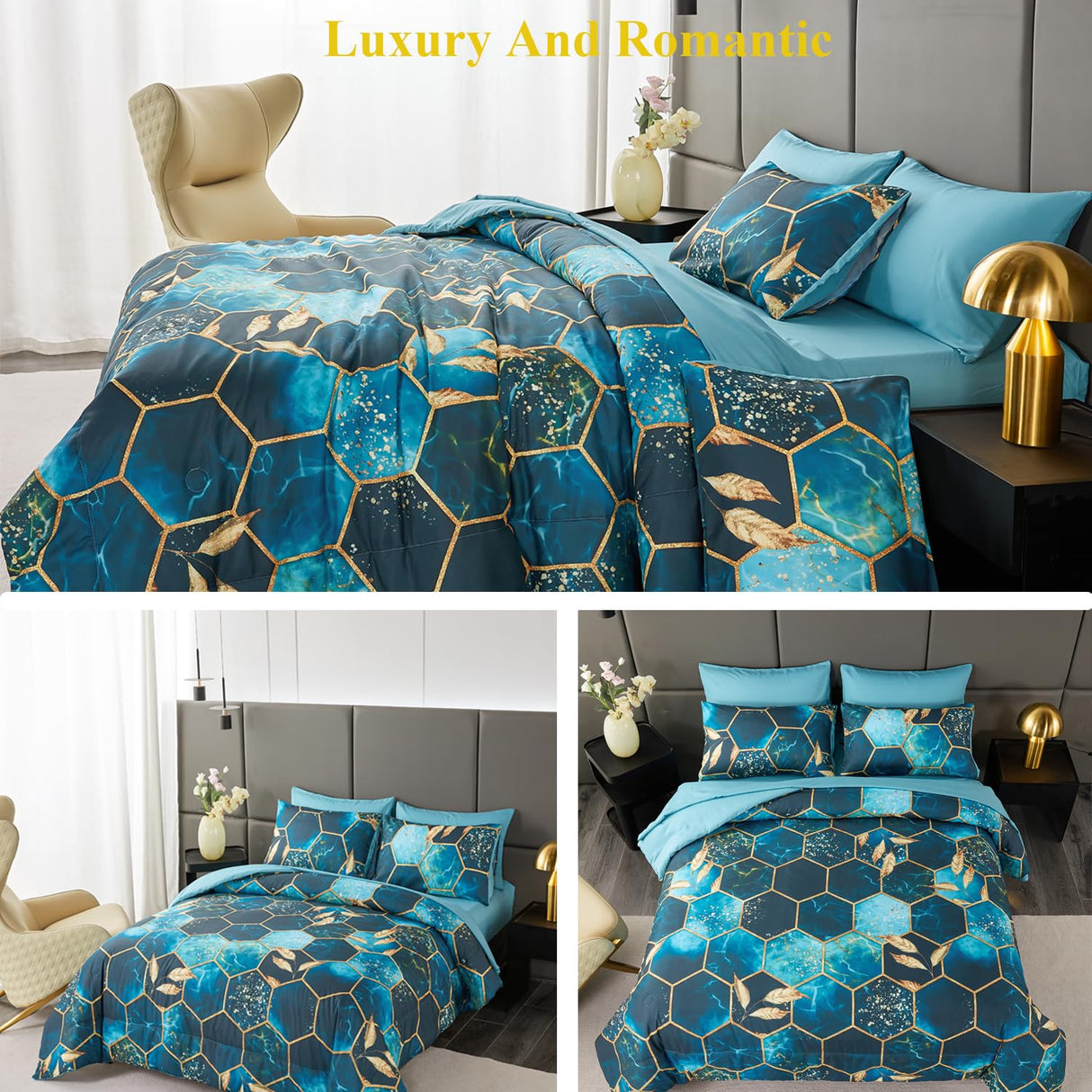 Turquoise Gold Hexagon Queen Comforter Set, 7Pcs Honeycomb Bed