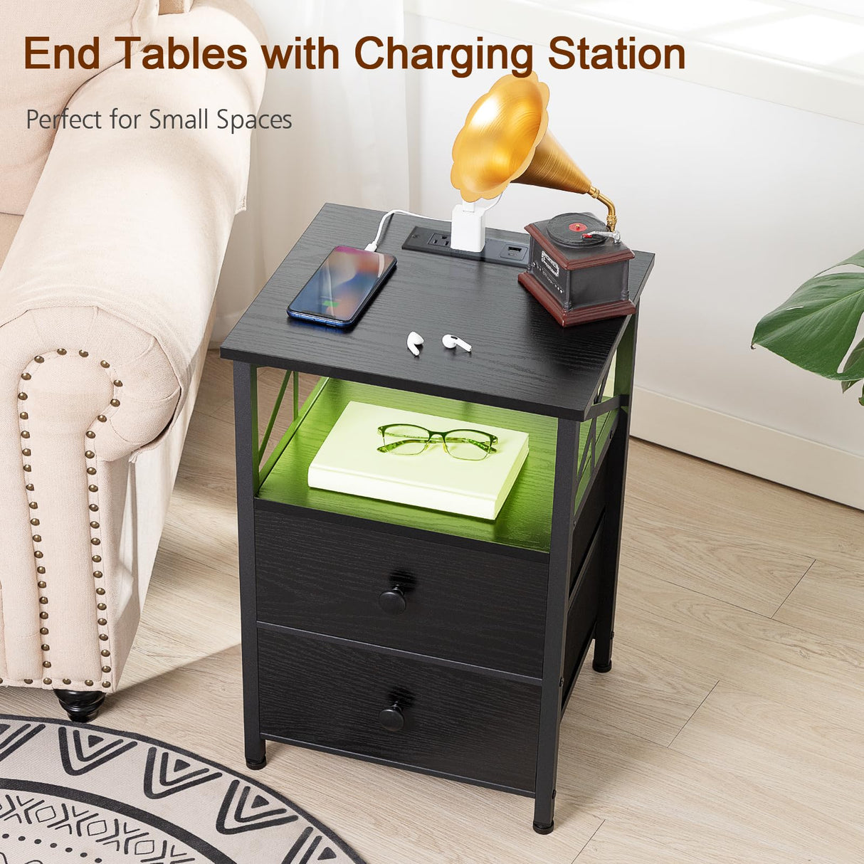 AMHANCIBLE Night Stand Set 2, LED Nightstands for Bedroom Set of 2 with Charging Station, End Table with USB Port and Outlet, Side Table with 2 Storage Drawers for Living Room, Black HET052LBK