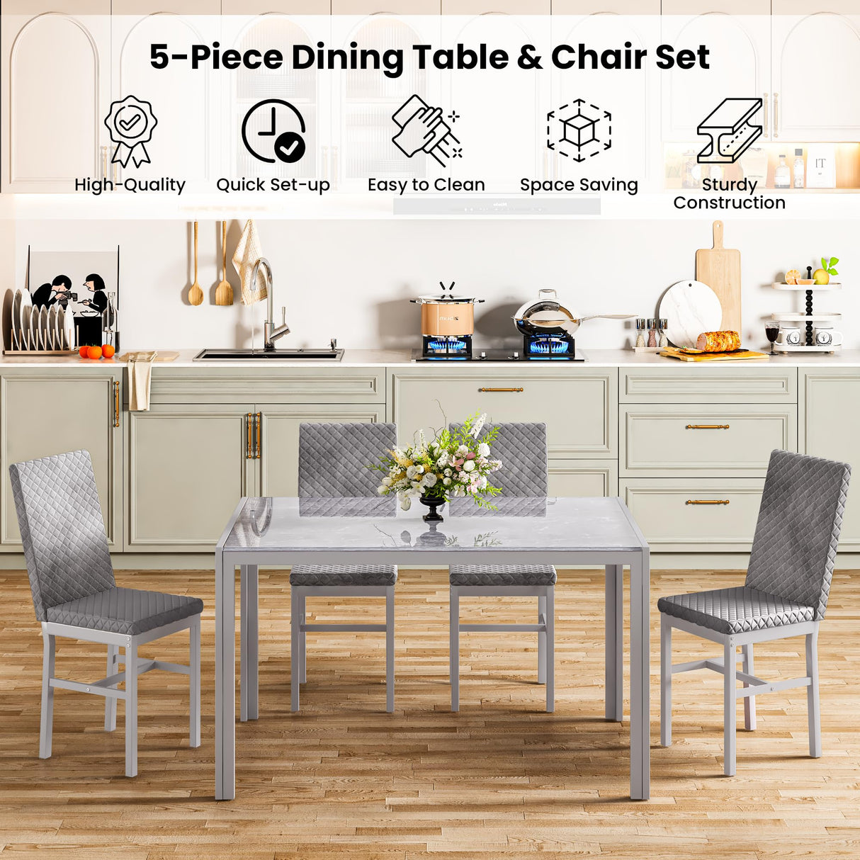 5-Piece Dinning Room Table Set, Glass Kitchen Table with 4 Velvet Chairs,