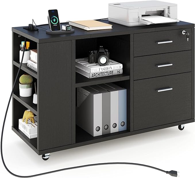 File Cabinet with Charging Station, Mobile Lateral Filing Cabinet with Lock