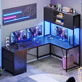 Shaped Gaming Desk, Reversible Computer Desk with Fabric Drawers and Power Outlet