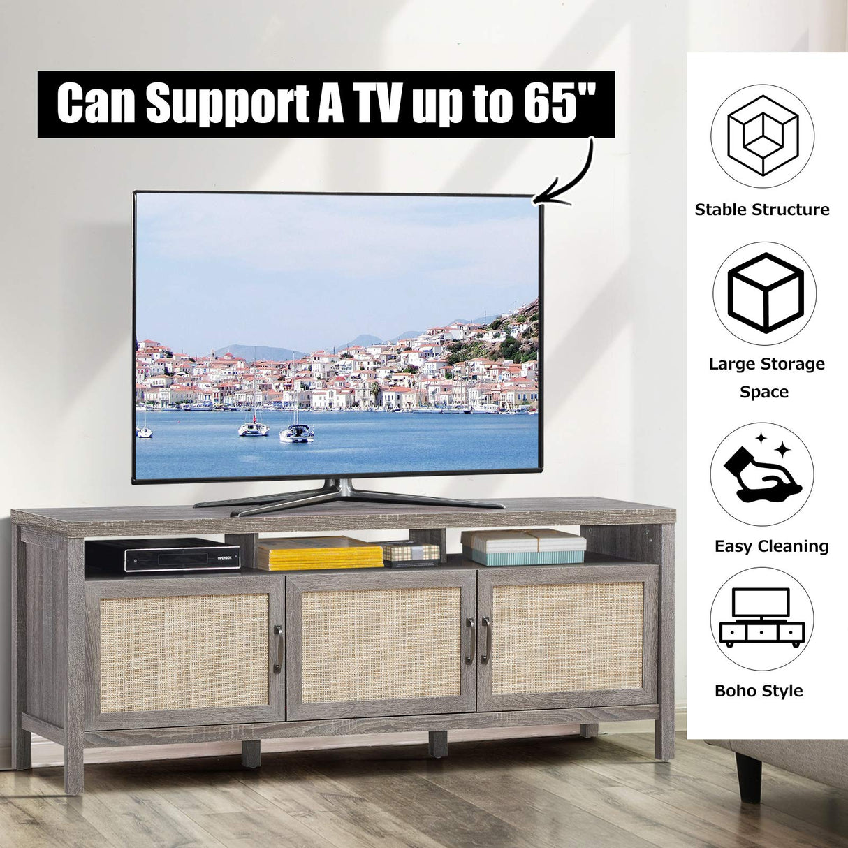 TV Stand, 62" Modern Boho Entertainment Center for TVs up to 65/70 Inches, Adjustable Shelves,