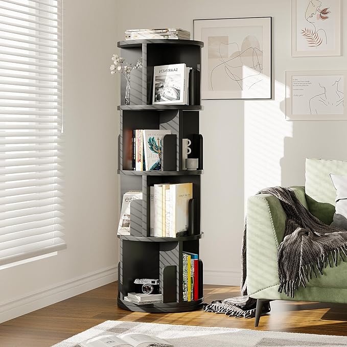 360° Rotating Bookcase, 4 Tier Small Corner Bookcase with a Footprint, Free Standing Bookshelf