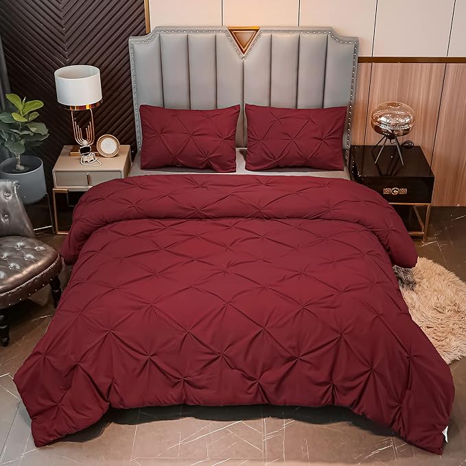 White Queen Comforter Set(90x90Inch), 3 Pieces Cute Pinch Pleat Bedding Comforters
