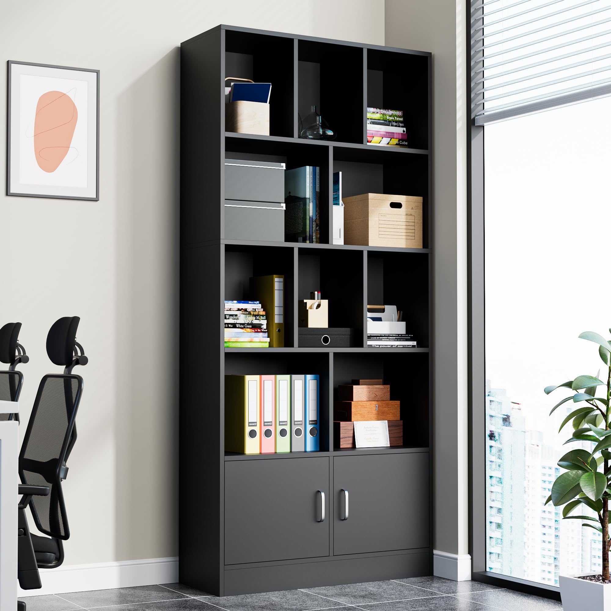 Cozy Castle 70" Tall Black Bookshelf with 12 Cubes and 2 Doors, 4-Tier Open Shelf Bookcase with Cabinet, Modern Cube Storage Organizer for Living Room, and Office