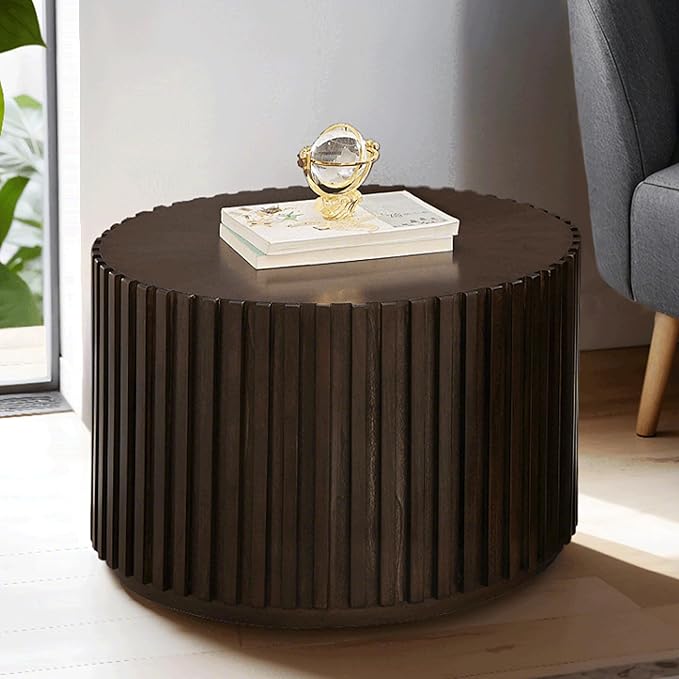 35" Round Wood Coffee Table for Living Room, Farmhouse Circle Bucket Shaped