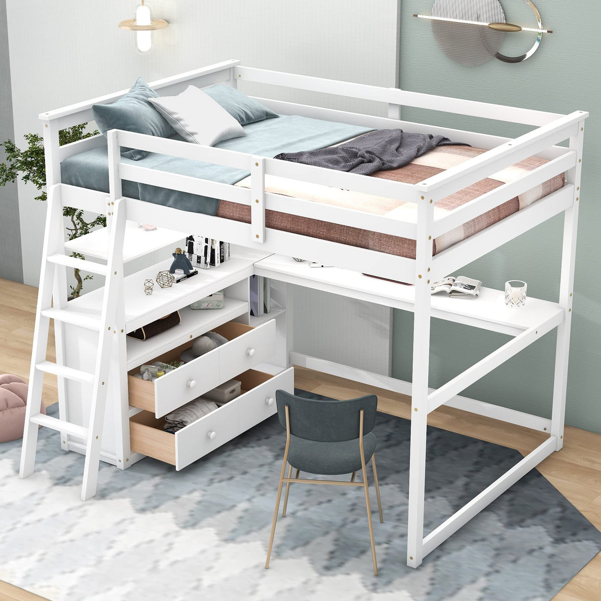Full Size Loft Bed with Desk and Storage, Solid Wood Loft Bed Frame