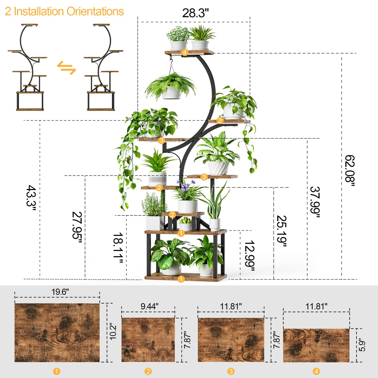 Plant Stand Indoor with Grow Lights, 8 Tiered Indoor Plant Shelf, 62" Tall Plant