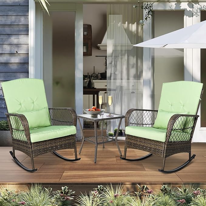 3 Pieces Patio Conversation Set w/ 2 Rattan Wicker Rocking Chairs and Glass Table