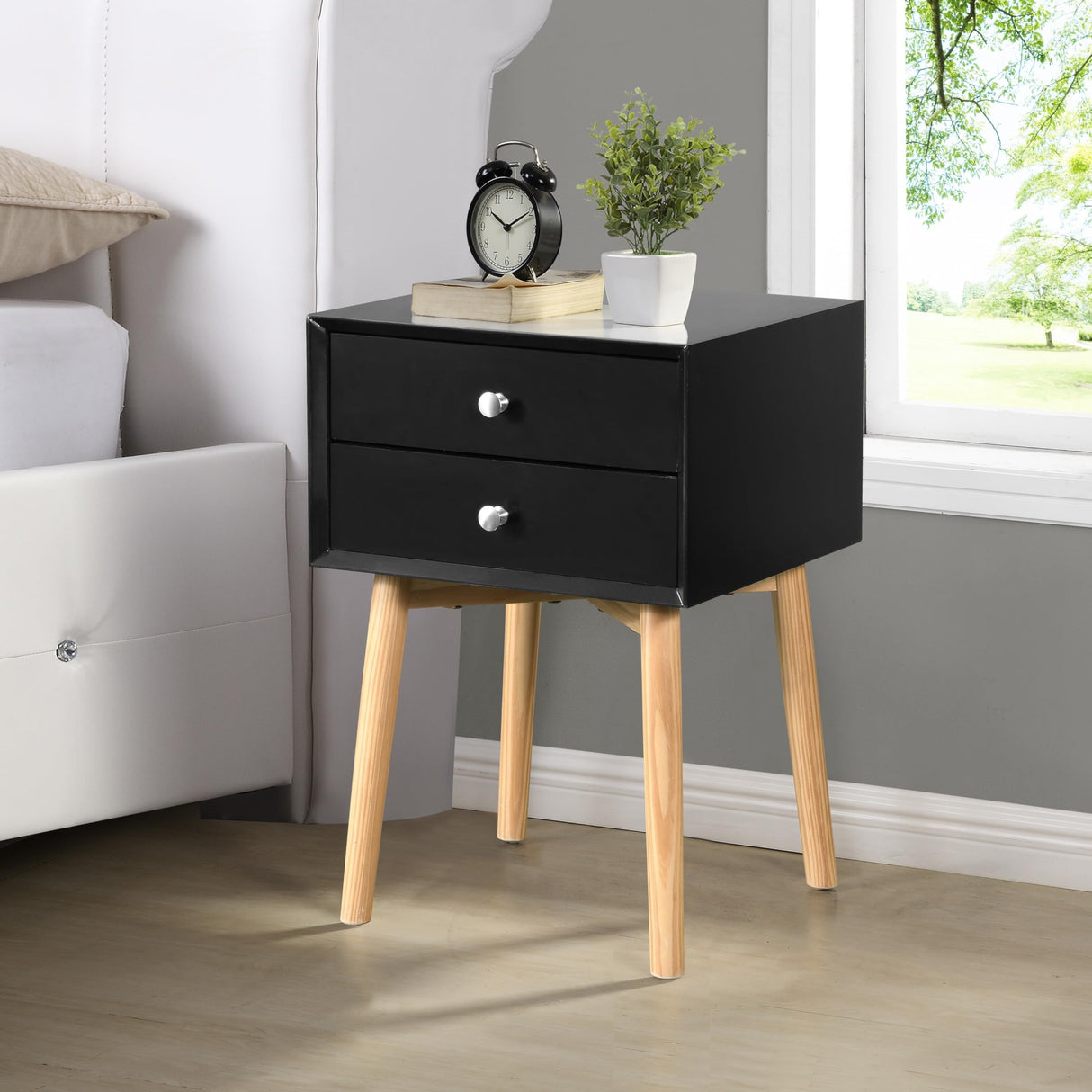 Bedside Table with 2 Drawers and Rubber Wood Legs