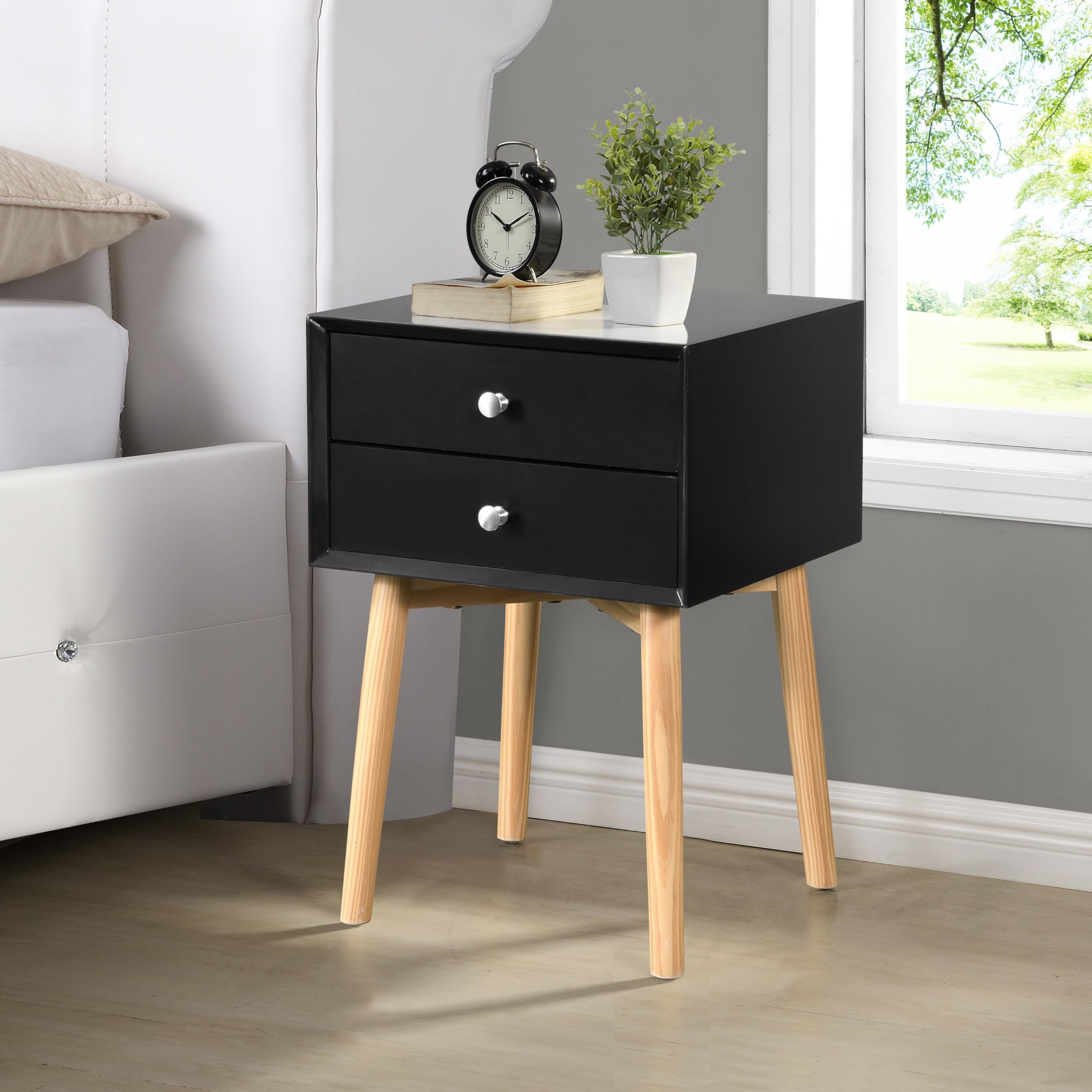 Bedside Table with 2 Drawers and Rubber Wood Legs