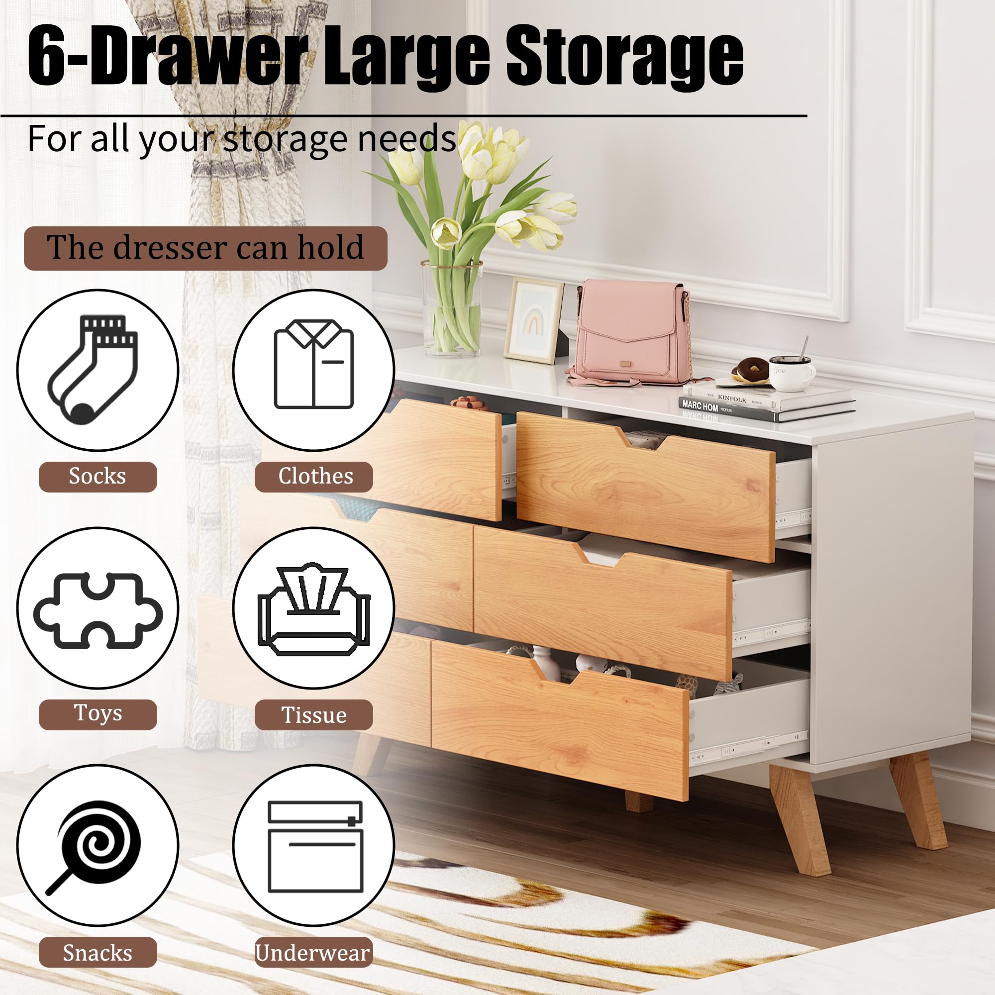6 Drawer Dresser, Mid-Century Modern Dresser Wide 6 Chest of Drawers