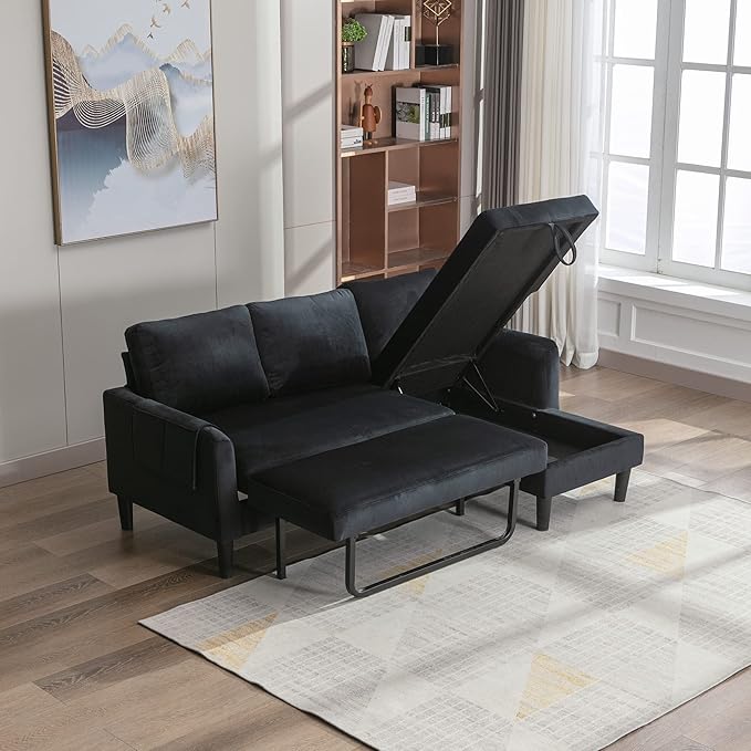 Sofa Bed with Reversible Chaise Longue, Beige Modern L-Shaped Couch