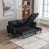 Modern L-Shaped Sofa Bed with Chaise Longue, Black 3-Seat Couch with Pull-Out Bed and Storage