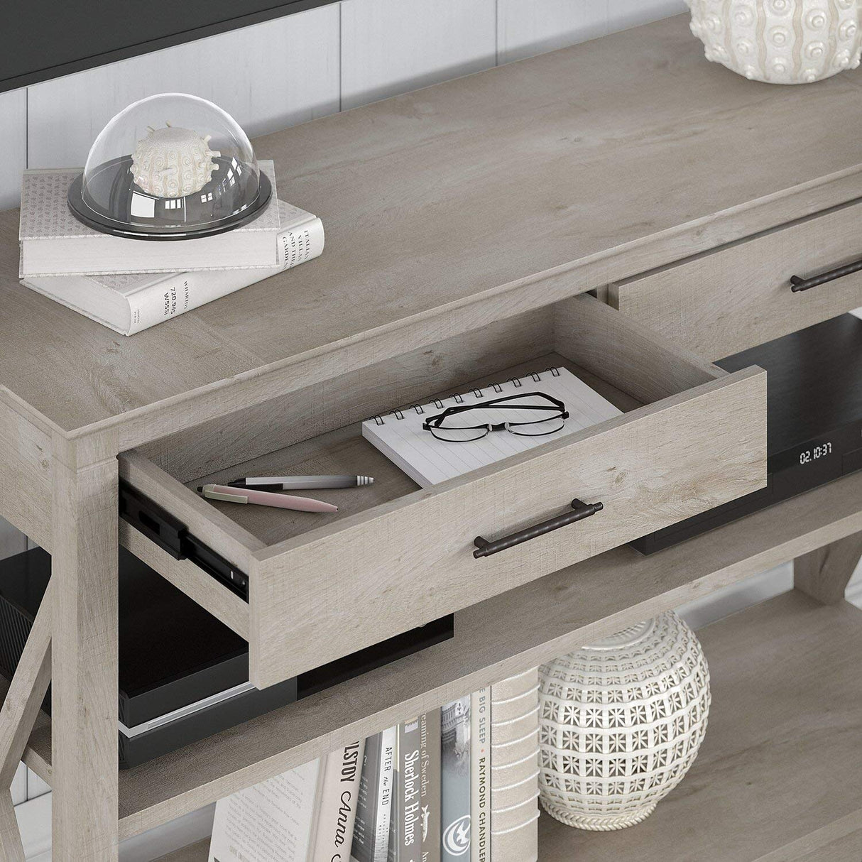 Key West Console Table with Drawers and Shelves in Washed Gray