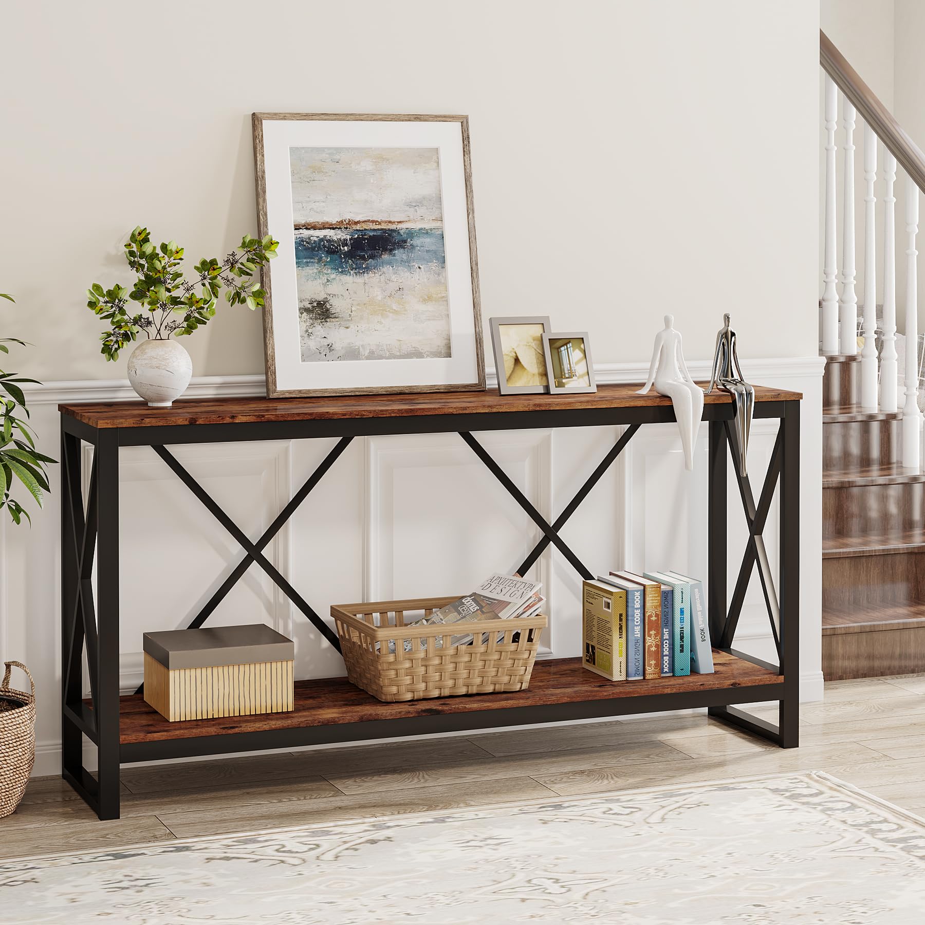 70.9 Inch Extra Long Console Table, Industrial Narrow Sofa Entry Behind Couch with Open Storage Shelf.