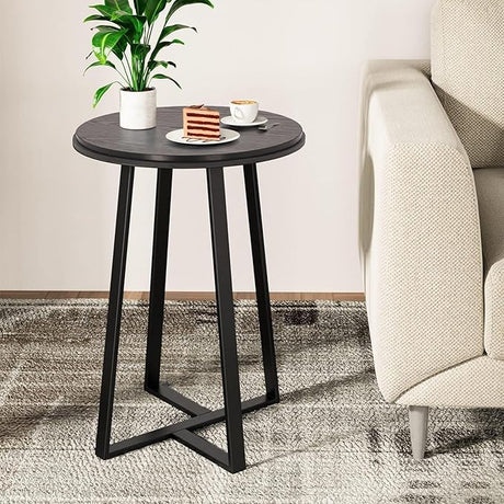 Round End Tables, Small Side Table Walnut Color MDF Top, Metal Frame Black