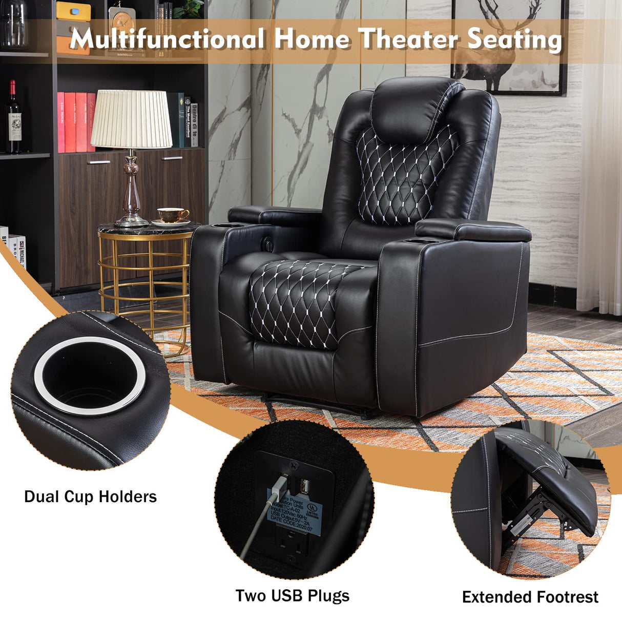 USB Ports and Cup Holders - Overstuffed Electric Home Theater Seating