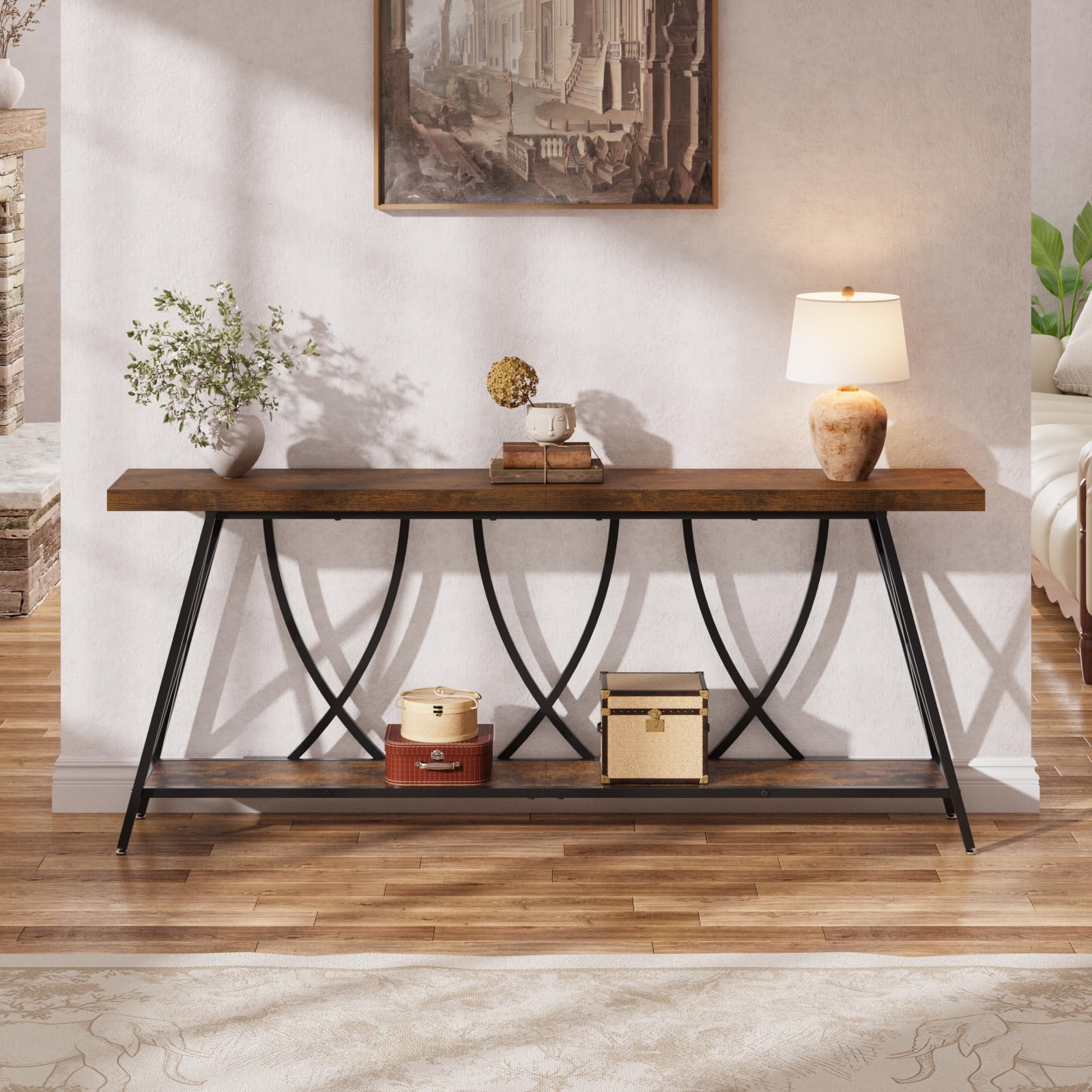70.9" Narrow Console Table - Industrial Farmhouse Entryway Table with Storage