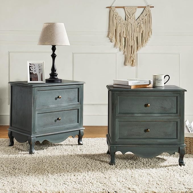 Wood Nightstand with Charging Station Space, Bedside Table 2 Drawer Dresser