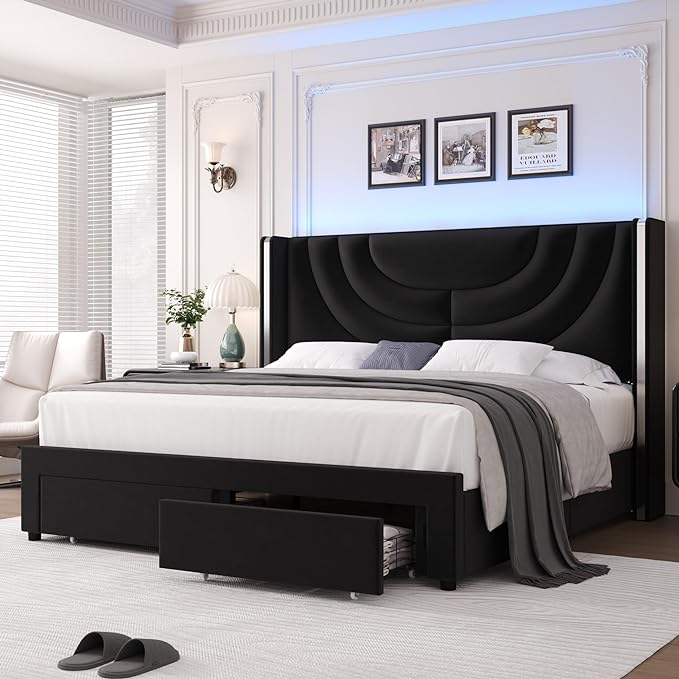 Queen Upholstered LED Bed Frame with 2 Storage Drawers, Velvet Platform Bed