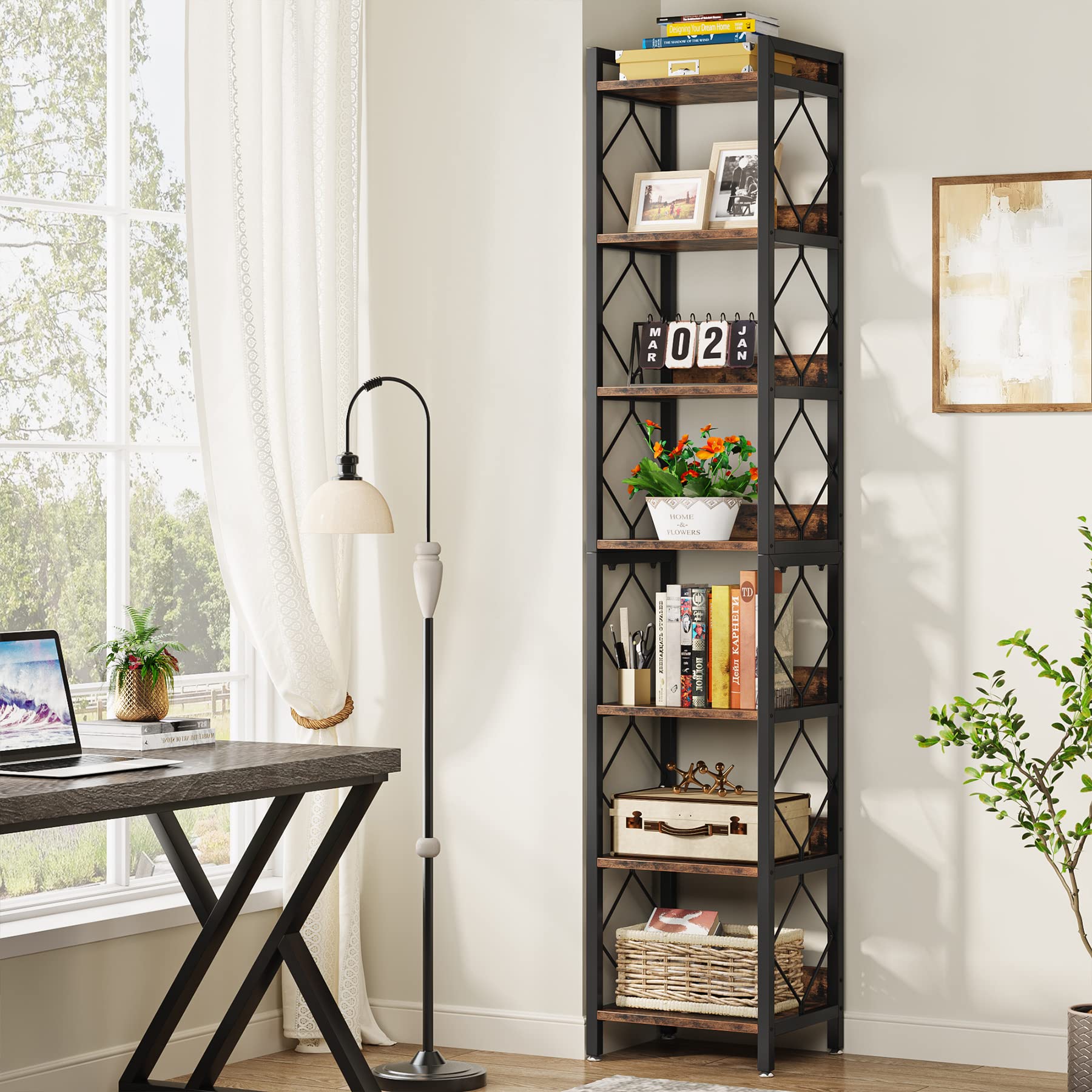 78.7 Inch Extra Tall Narrow Bookshelf, 7 Tier Skinny Bookcase for Small Spaces