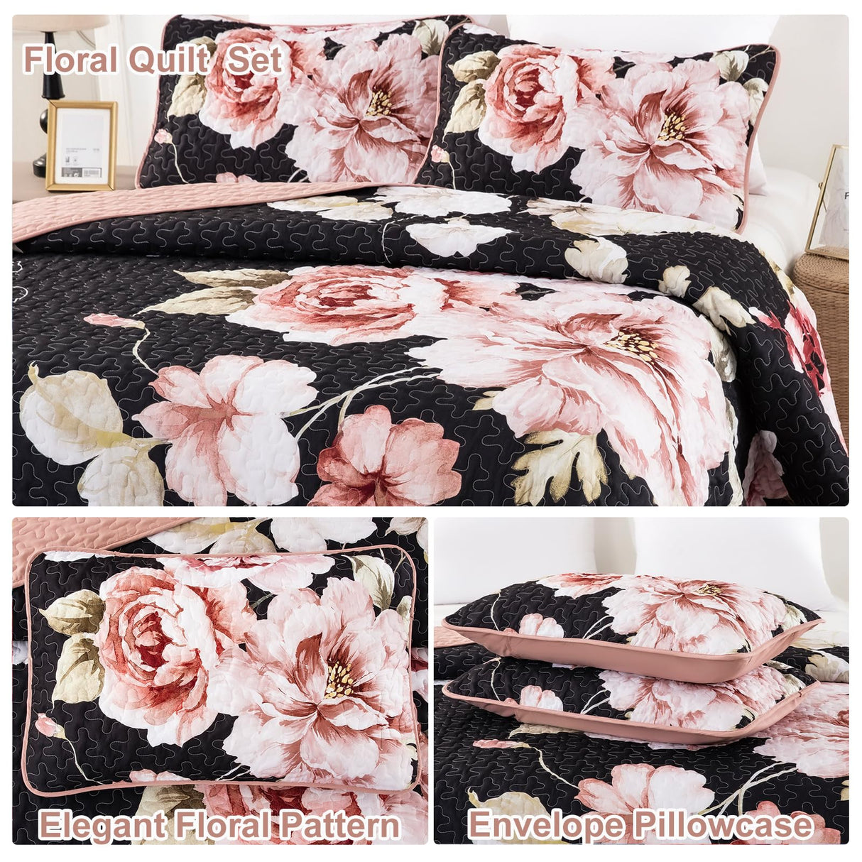 Black Floral Quilt Set Queen Size, 3 Pieces Pink Botanical Flower Printed