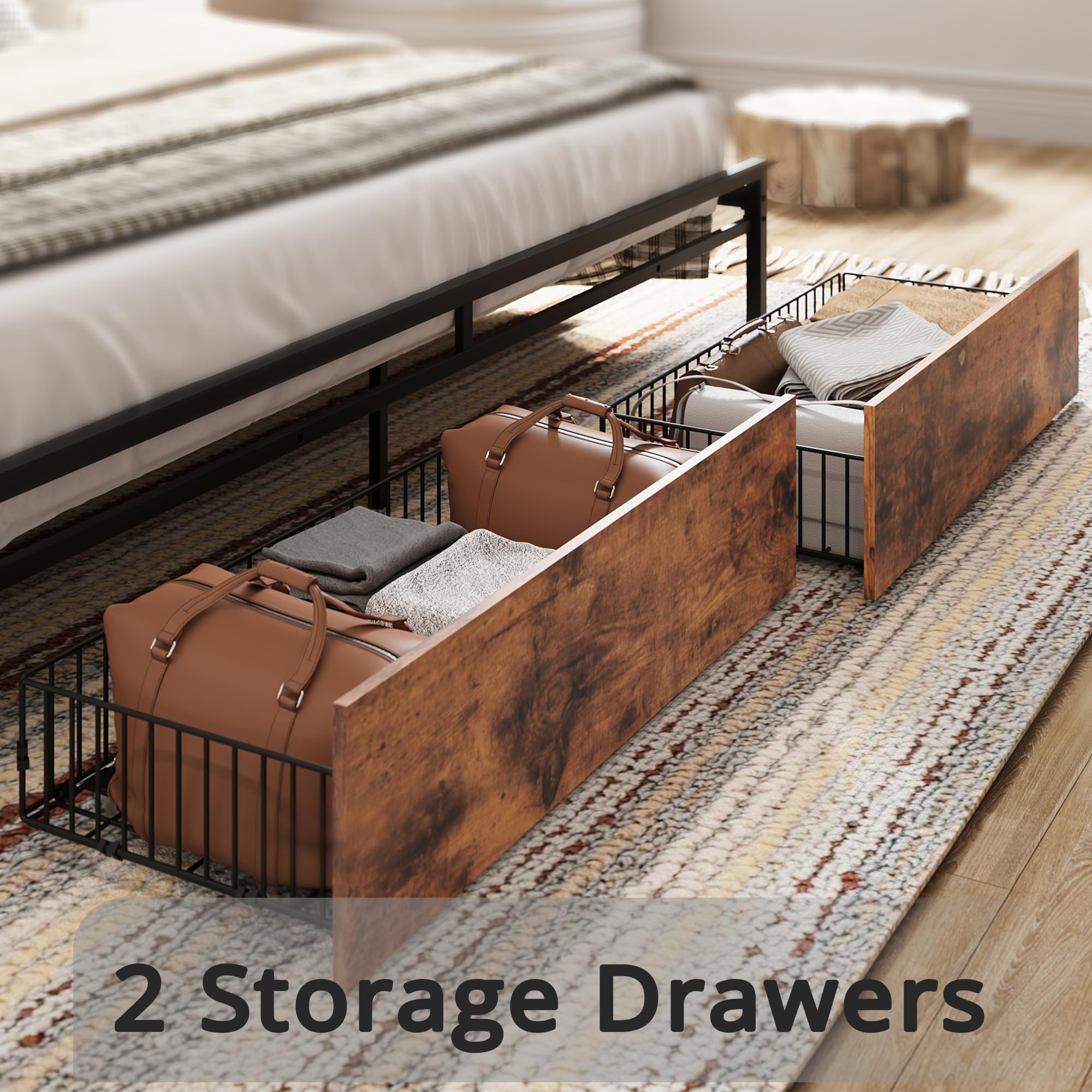 Queen Bed Frame, Storage Headboard with Charging Station, Platform Bed with Drawers,