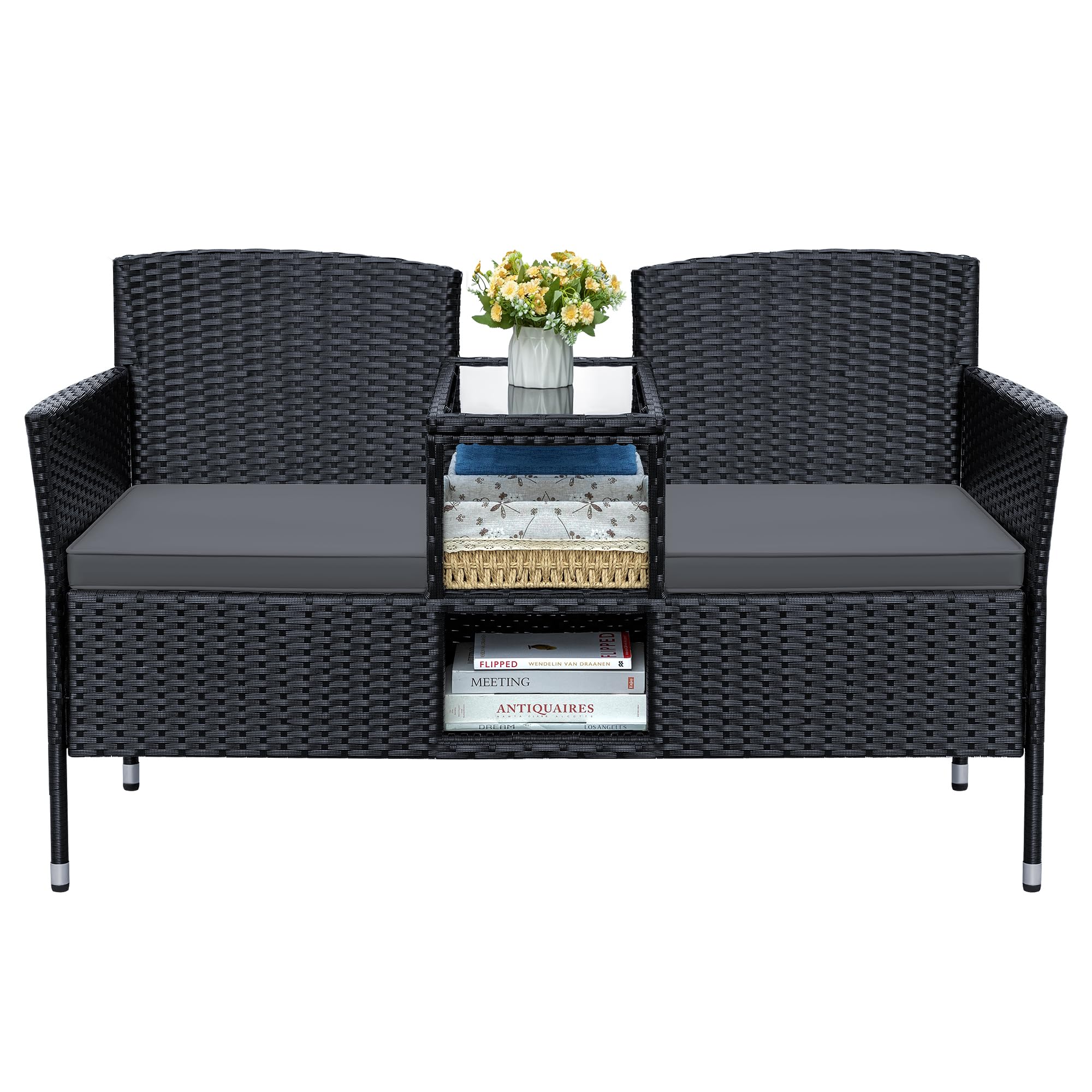 Patio Loveseat Outdoor Wicker Furniture Conversation Set with Soft Cushions & Built-in