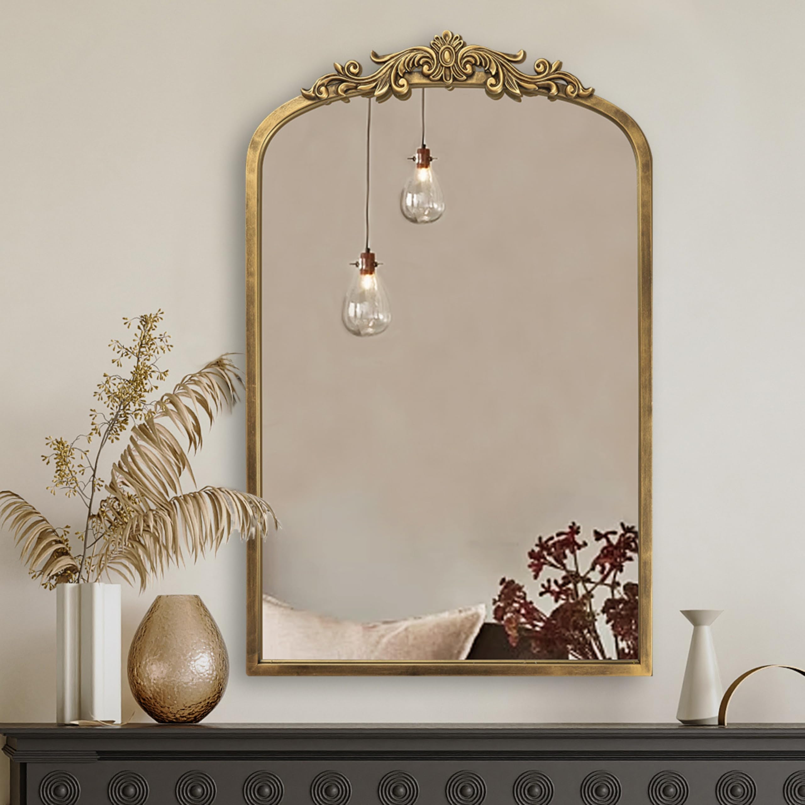 30" x 19" Vintage Arched Baroque Mirror - Gold Antique Wall Decor