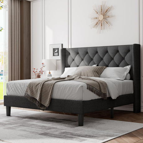 Queen Size Bed Frame with Diamond Tufted Wingback Headboard, Morden Upholstered