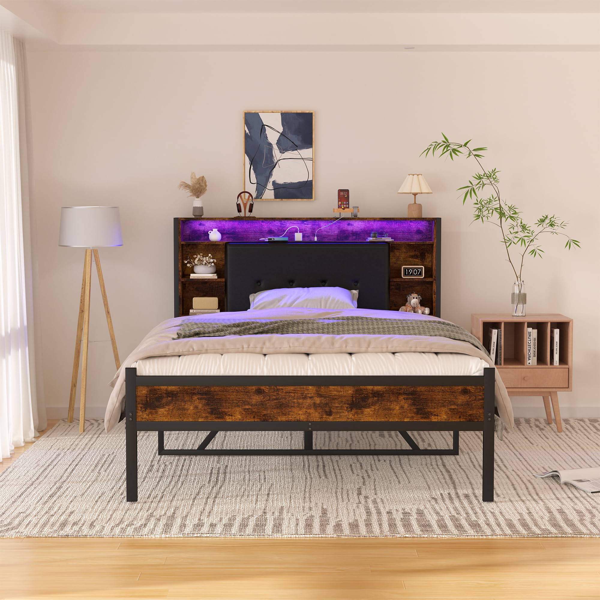 Full Size Bed Frame with Charging Station and LED Lights, Industrial Bed Frame with Headboard Hidden Storage, Rustic Wood and Strong Metal Support Platform Bed Frame, Noise Free, Vintage Brown