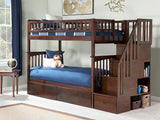 Columbia Twin over Twin Size Staircase Bunk Bed with Bed Drawers & Charging Station in Walnut