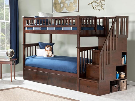 Columbia Twin over Twin Size Staircase Bunk Bed with Bed Drawers & Charging Station in Walnut