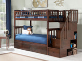 Columbia Twin over Twin Size Staircase Bunk Bed with Bed Drawers & Charging Station in Walnut