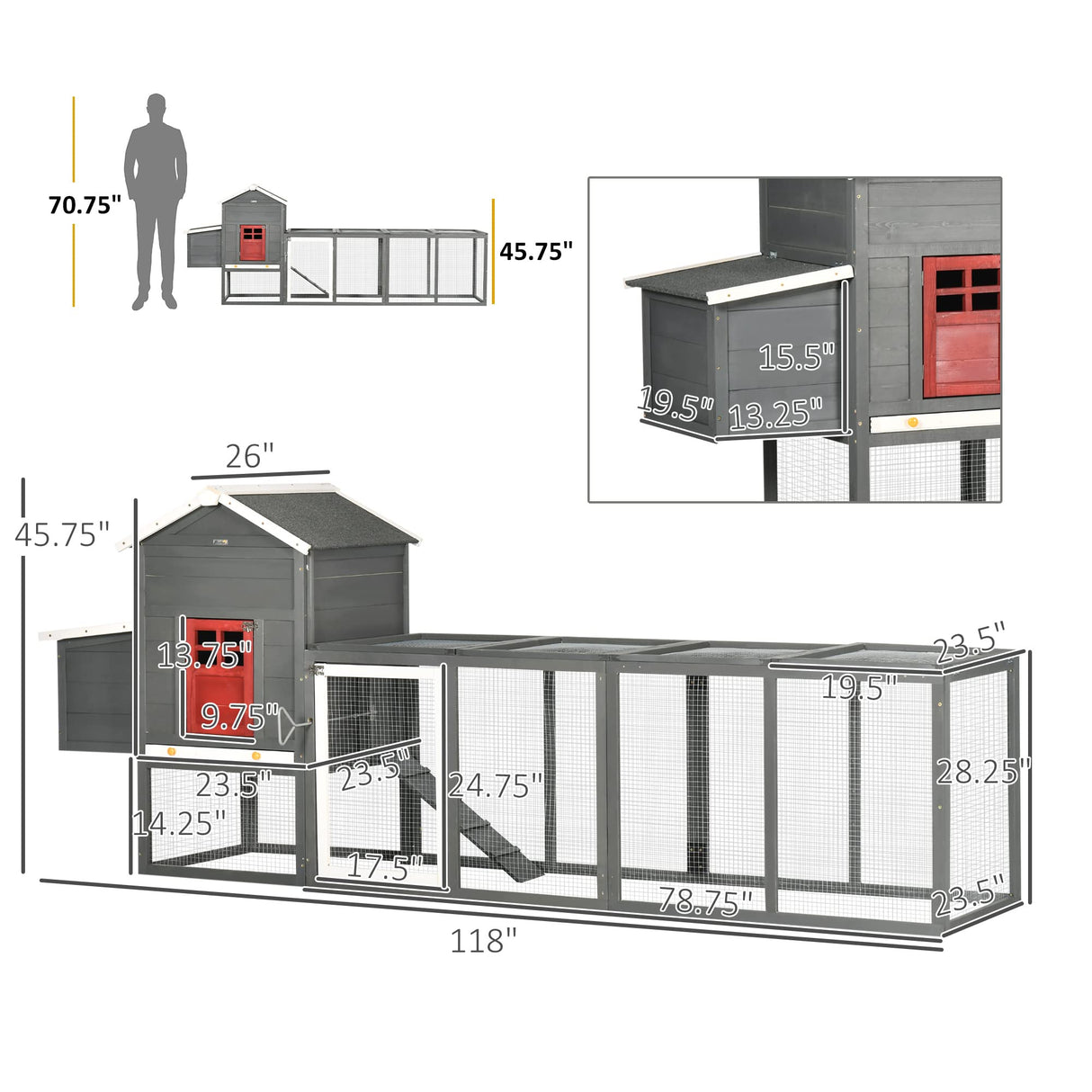 118" Extra Large Chicken Coop with Asphalt Roof, Wooden Hen Run with Slide-Out Tray