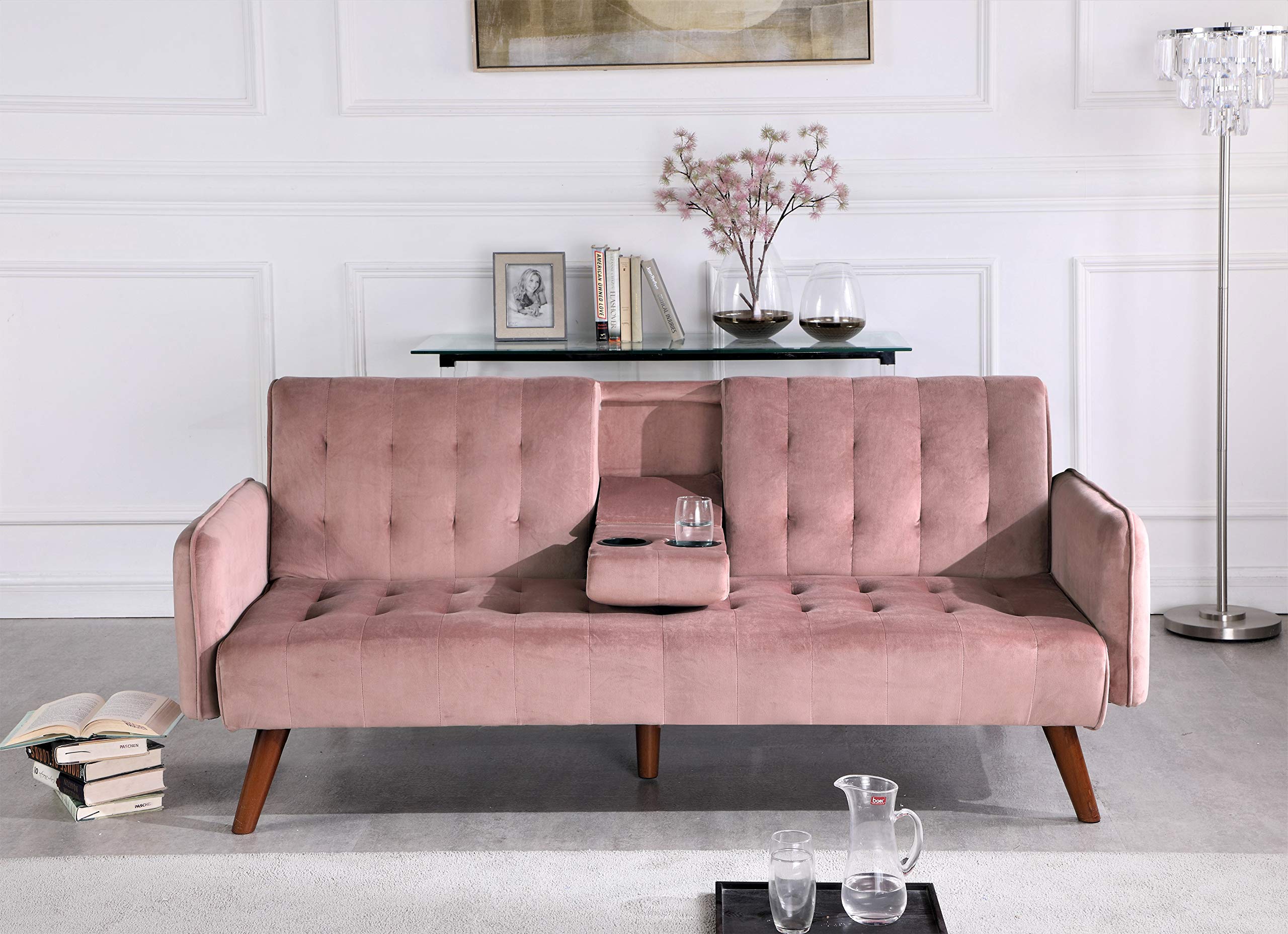 Velvet Round Arm Sofa Sofabed, Rose