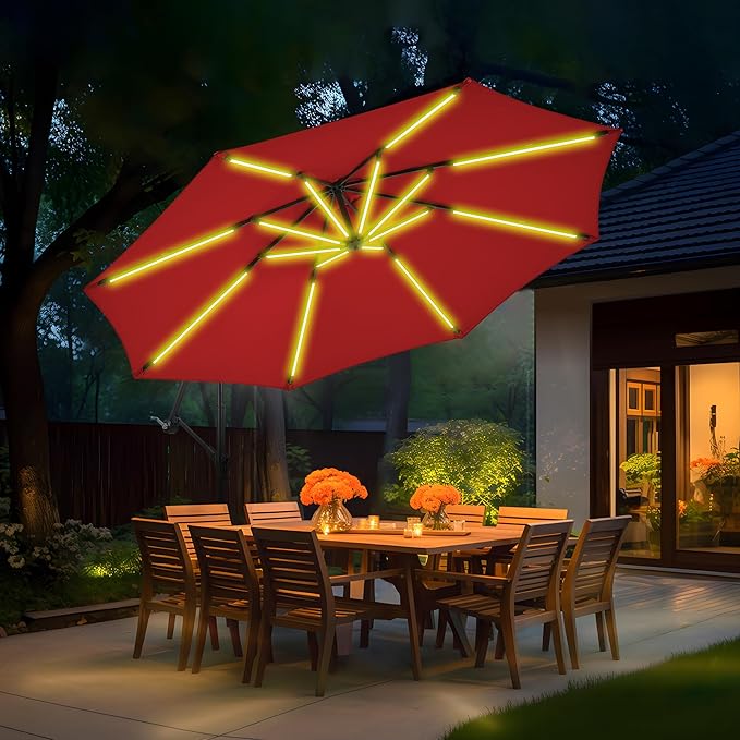 10 ft Offset Patio Umbrella with Stands Included, Large Cantilever Umbrella Outdoor Patio with Solar Lights, Dual Charging, 8+ Light Modes, Heavy Duty, for Pool, Deck, Market, Tan