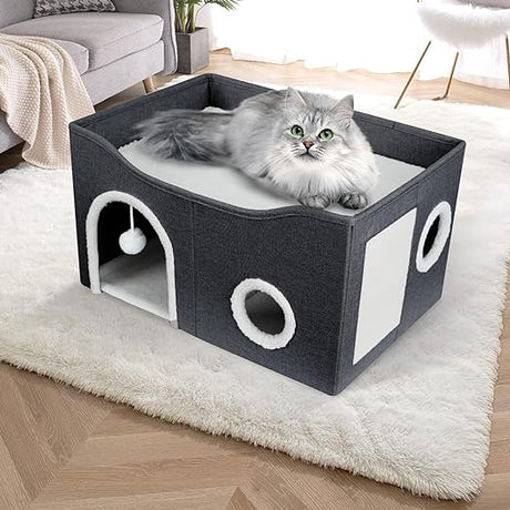 Cat House for Indoor Cats - Large Cat Bed Cave with Fluffy Ball and Scratch Pad